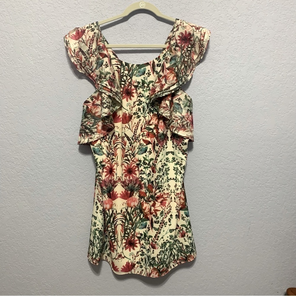 Belle Badgley Mischka Floral Ruffle Sleeveless Low Back Mini Dress